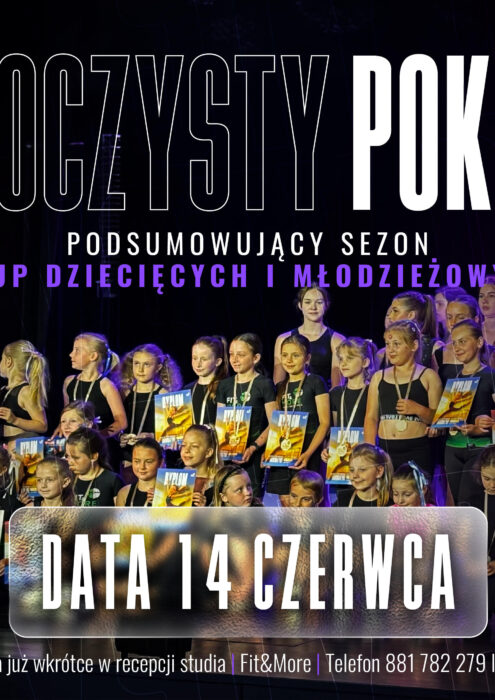 POKAZ-ZAWODY 2026-08-2 - Fit&More Dance event poster: group of children and teens on stage with medals, purple text, and event details in Polish on a dark purple background.