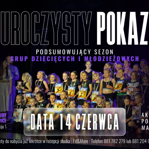 Dance event poster: group of children and teens on stage with medals, purple text, and event details in Polish on a dark purple background.