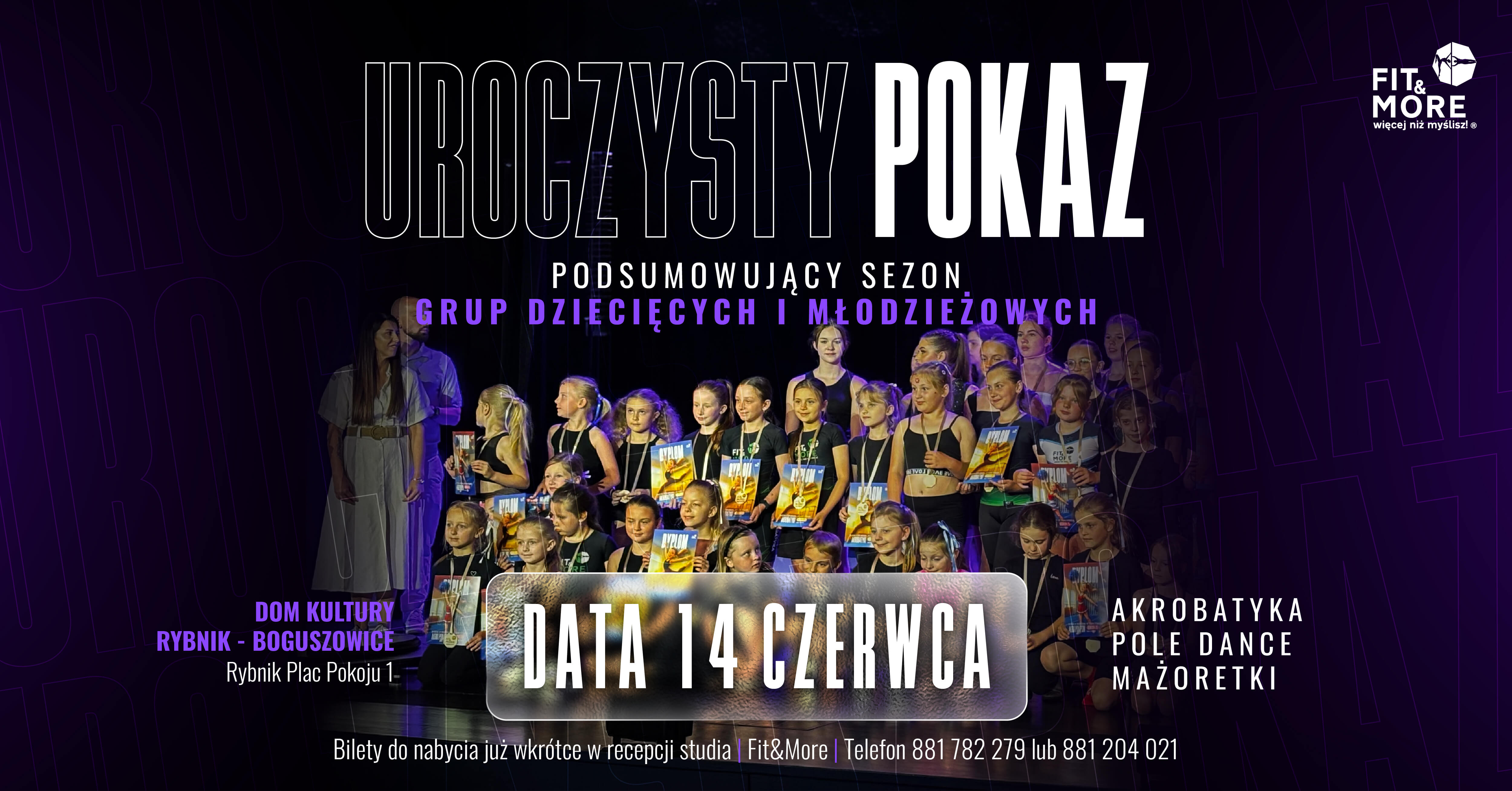 Dance event poster: group of children and teens on stage with medals, purple text, and event details in Polish on a dark purple background.