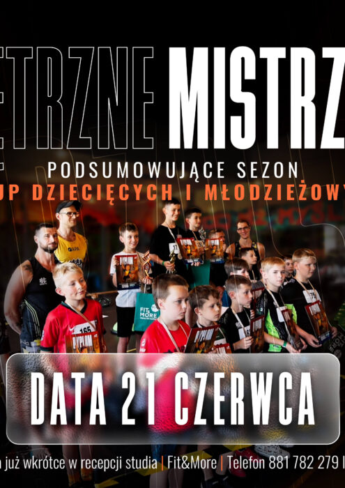 POKAZ-ZAWODY 2026-09-2 - Fit&More Plakat promujący Mistrzostwa Młodzieży w Fit&More, grupa dzieci i młodzieży z medalami; zawiera informacje o dacie i lokalizacji imprezy.